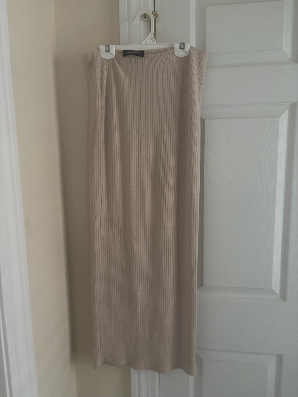 White Fox Boutique Ribbed Maxi Skirt in Light Beige